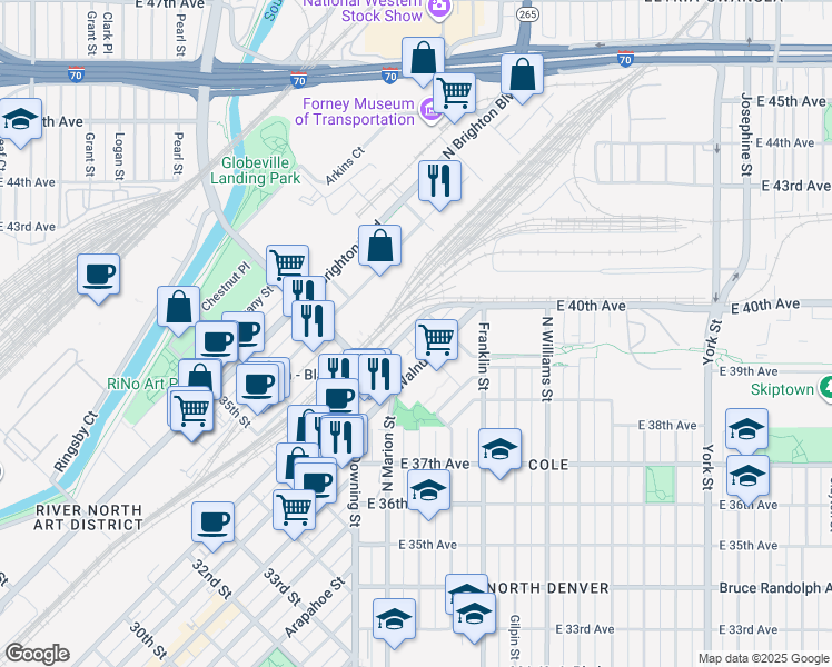 map of restaurants, bars, coffee shops, grocery stores, and more near 3901 Blake Street in Denver