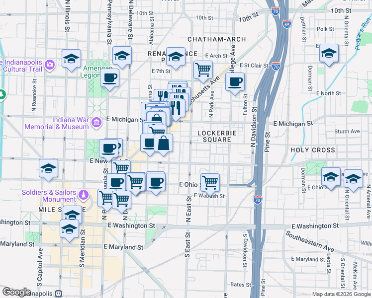 map of restaurants, bars, coffee shops, grocery stores, and more near 433 East Vermont Street in Indianapolis