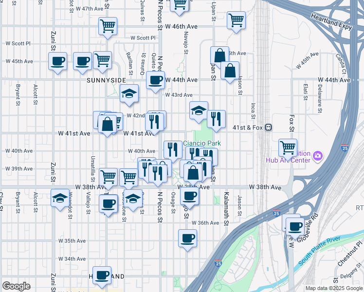 map of restaurants, bars, coffee shops, grocery stores, and more near 4033 Navajo Street in Denver