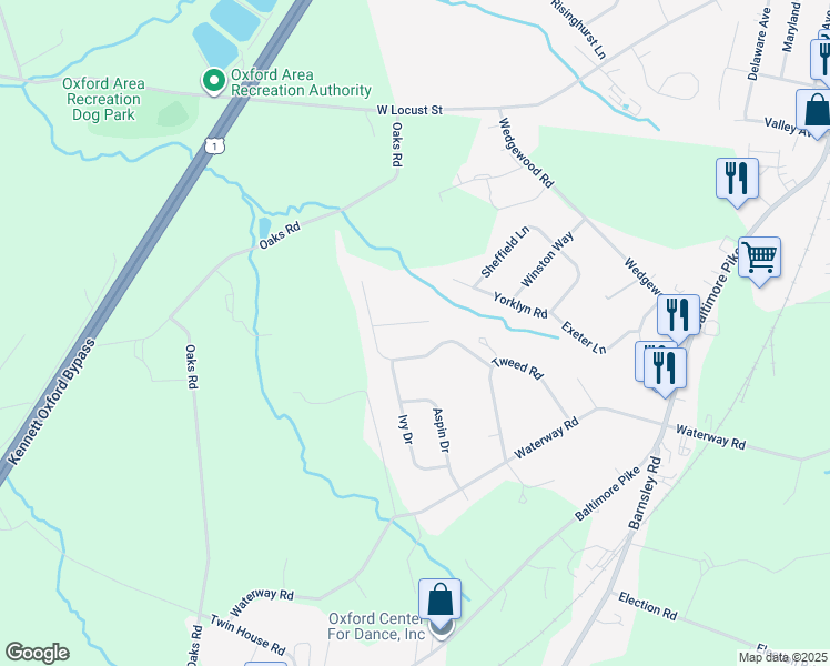 map of restaurants, bars, coffee shops, grocery stores, and more near 507 Colchester Drive in Oxford