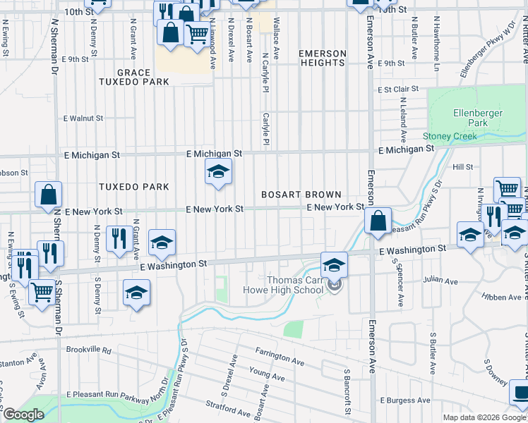 map of restaurants, bars, coffee shops, grocery stores, and more near 4720 East New York Street in Indianapolis