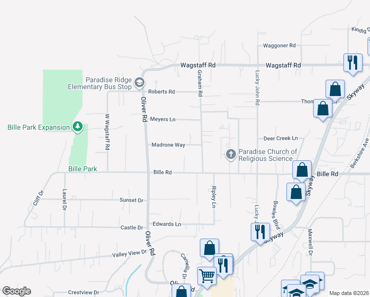 map of restaurants, bars, coffee shops, grocery stores, and more near 722 Madrone Way in Paradise