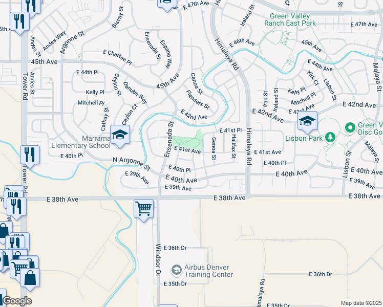map of restaurants, bars, coffee shops, grocery stores, and more near 19592 East 41st Avenue in Denver