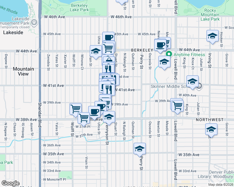 map of restaurants, bars, coffee shops, grocery stores, and more near 4215 West 41st Avenue in Denver