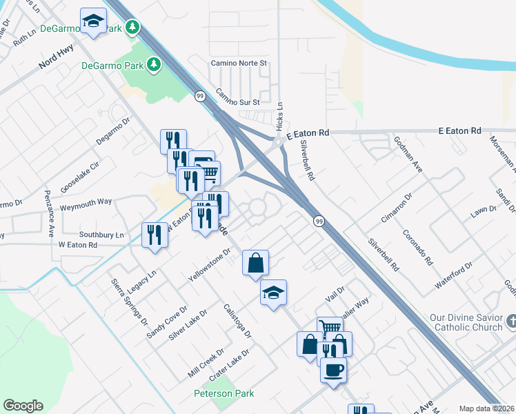 map of restaurants, bars, coffee shops, grocery stores, and more near 55 Independence Circle in Chico