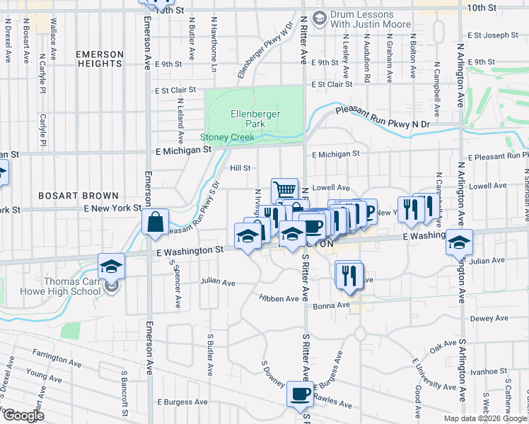 map of restaurants, bars, coffee shops, grocery stores, and more near 69 North Irvington Avenue in Indianapolis