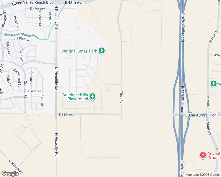 map of restaurants, bars, coffee shops, grocery stores, and more near E-470 in Aurora