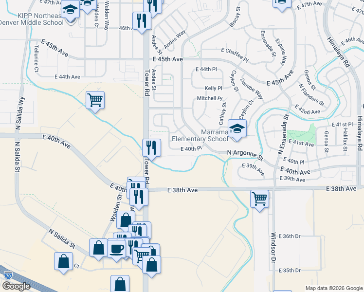 map of restaurants, bars, coffee shops, grocery stores, and more near 18670 East 41st Avenue in Denver