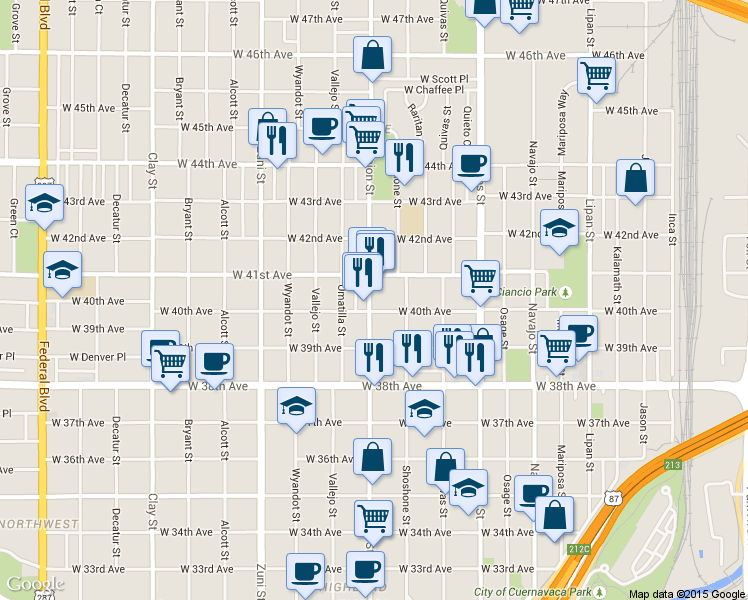 map of restaurants, bars, coffee shops, grocery stores, and more near 1930 West 41st Avenue in Denver