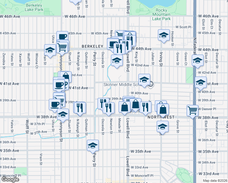 map of restaurants, bars, coffee shops, grocery stores, and more near 4021 Meade Street in Denver