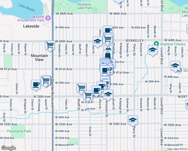map of restaurants, bars, coffee shops, grocery stores, and more near 3975 Vrain Street in Denver