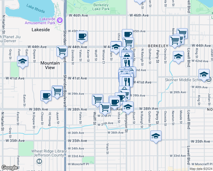 map of restaurants, bars, coffee shops, grocery stores, and more near 3975 Vrain Street in Denver