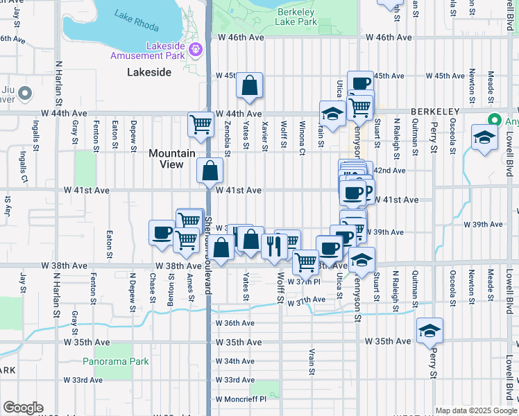 map of restaurants, bars, coffee shops, grocery stores, and more near 3978 Xavier Street in Denver