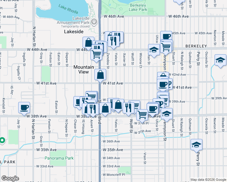 map of restaurants, bars, coffee shops, grocery stores, and more near 3975 Yates Street in Denver