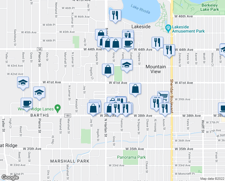map of restaurants, bars, coffee shops, grocery stores, and more near 5910 West 41st Avenue in Wheat Ridge