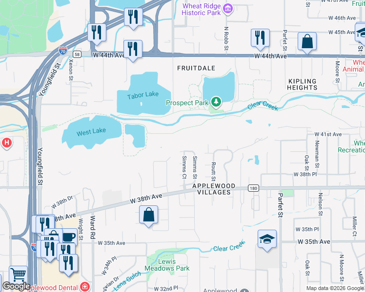 map of restaurants, bars, coffee shops, grocery stores, and more near 11651 West 40th Circle in Wheat Ridge