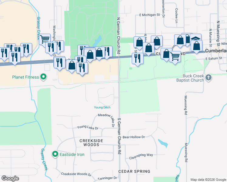 map of restaurants, bars, coffee shops, grocery stores, and more near 114 President Trail East in Indianapolis