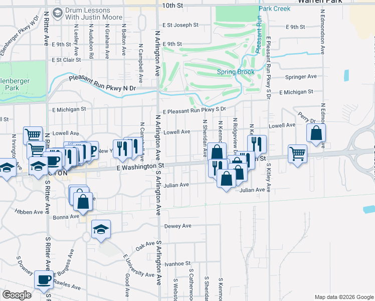 map of restaurants, bars, coffee shops, grocery stores, and more near 33 North Catherwood Avenue in Indianapolis