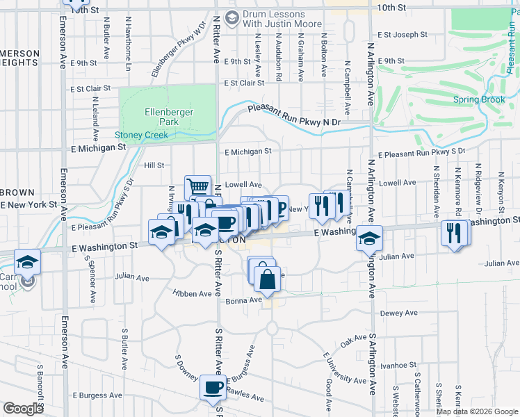 map of restaurants, bars, coffee shops, grocery stores, and more near 59 North Layman Avenue in Indianapolis
