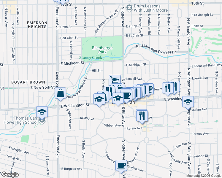 map of restaurants, bars, coffee shops, grocery stores, and more near 69 North Irvington Avenue in Indianapolis