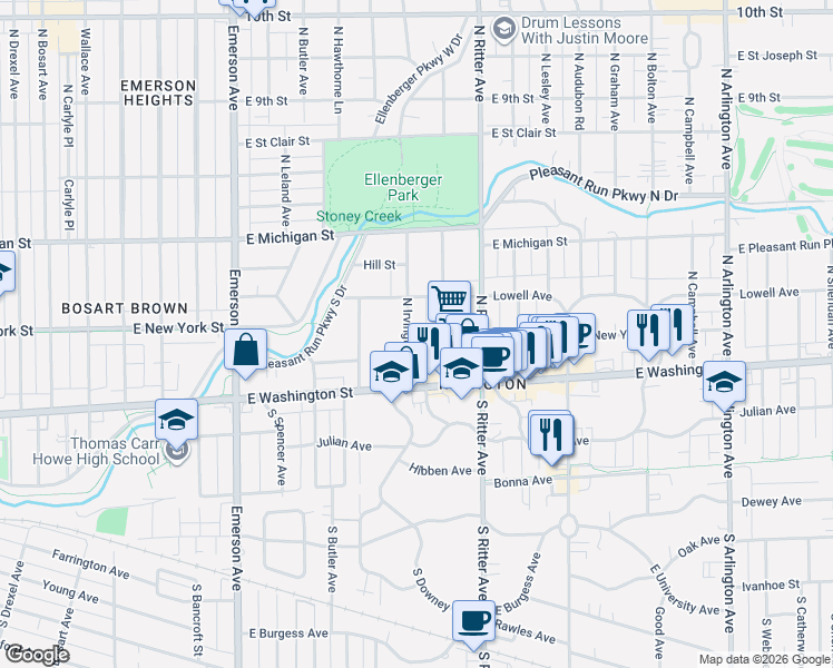 map of restaurants, bars, coffee shops, grocery stores, and more near 69 North Irvington Avenue in Indianapolis