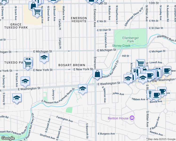 map of restaurants, bars, coffee shops, grocery stores, and more near 5024 East New York Street in Indianapolis
