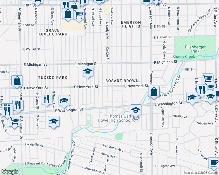 map of restaurants, bars, coffee shops, grocery stores, and more near 4720 East New York Street in Indianapolis