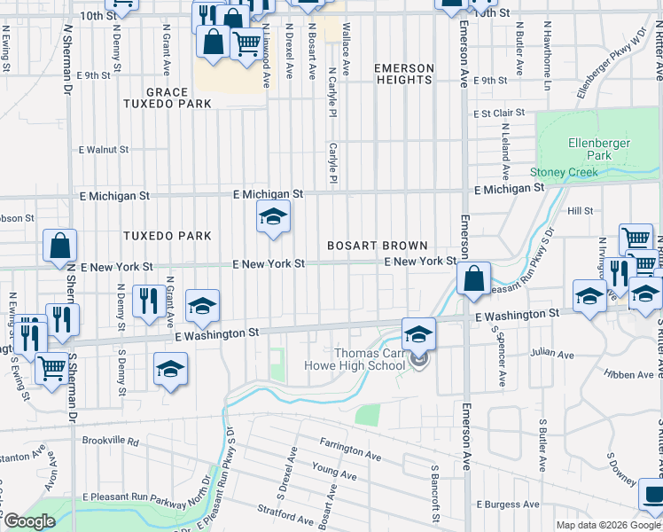 map of restaurants, bars, coffee shops, grocery stores, and more near 4720 East New York Street in Indianapolis