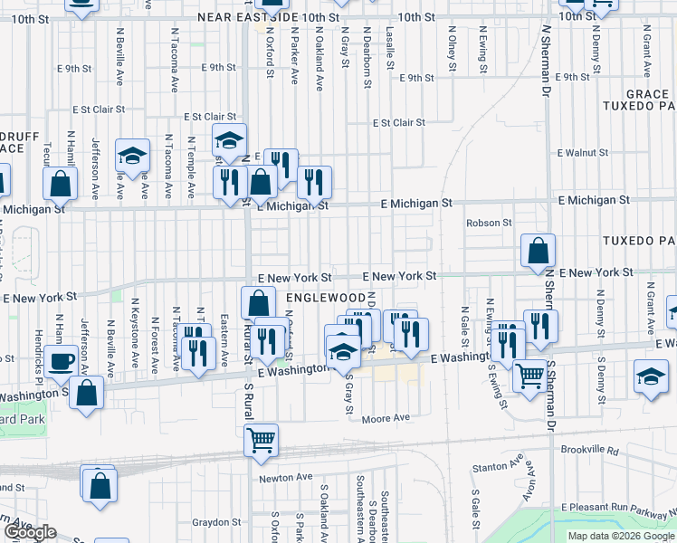 map of restaurants, bars, coffee shops, grocery stores, and more near 318 North Gray Street in Indianapolis