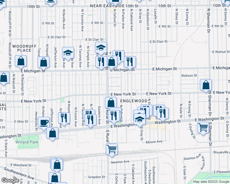 map of restaurants, bars, coffee shops, grocery stores, and more near 320 North Oxford Street in Indianapolis