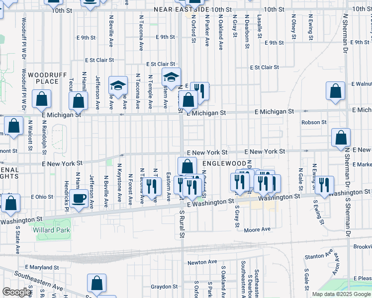 map of restaurants, bars, coffee shops, grocery stores, and more near 326 North Rural Street in Indianapolis