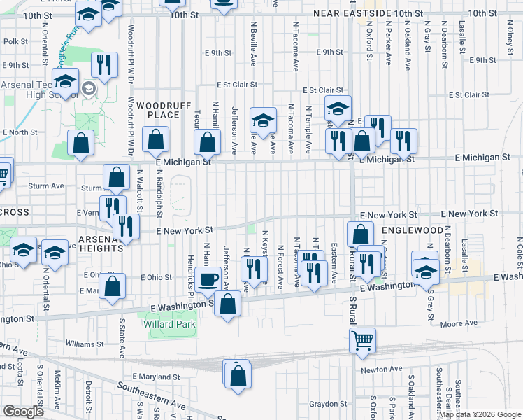 map of restaurants, bars, coffee shops, grocery stores, and more near 343 North Beville Avenue in Indianapolis