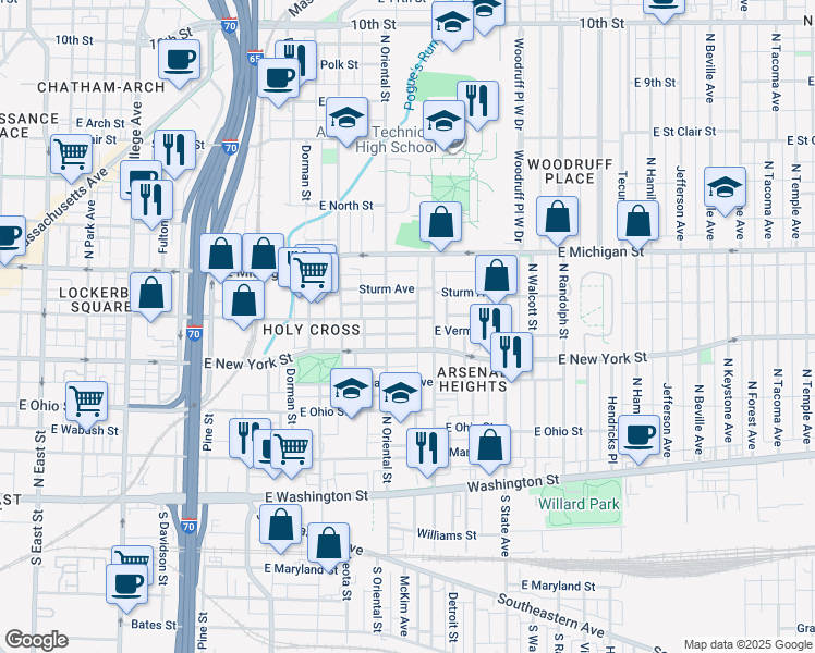 map of restaurants, bars, coffee shops, grocery stores, and more near 1424 East Vermont Street in Indianapolis