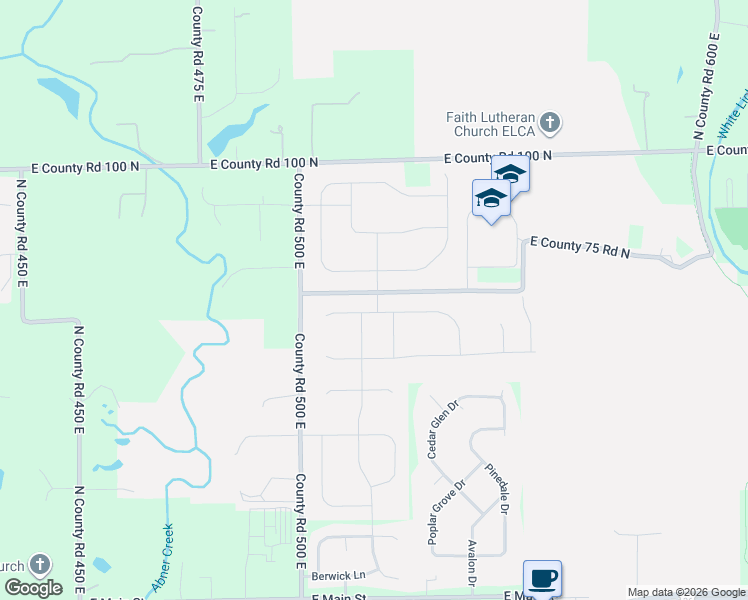 map of restaurants, bars, coffee shops, grocery stores, and more near 5149 East County Road 75 North in Avon