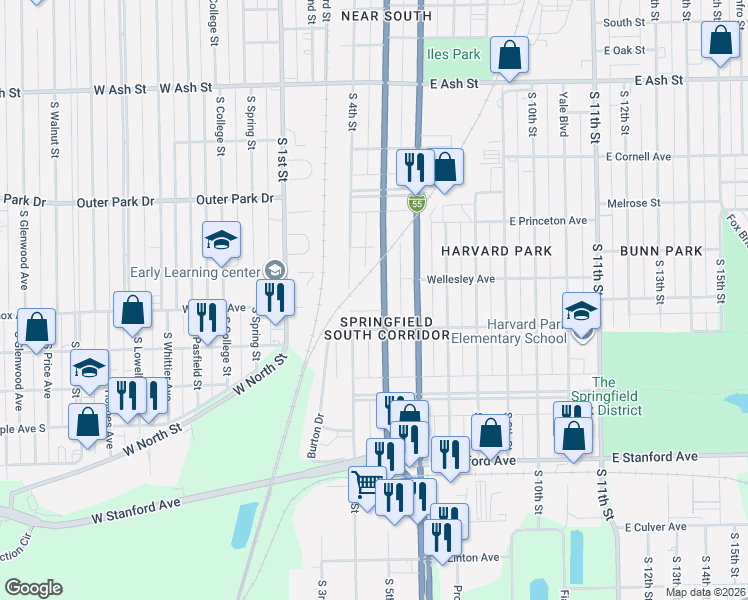 map of restaurants, bars, coffee shops, grocery stores, and more near 2421 South 5th Street in Springfield