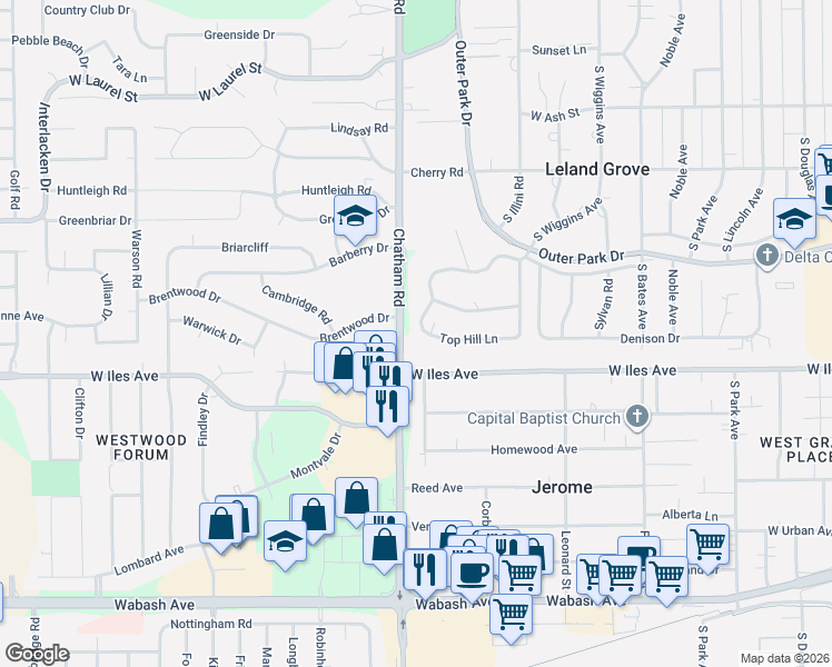 map of restaurants, bars, coffee shops, grocery stores, and more near 2470-2500 Old Chatham Rd in Springfield