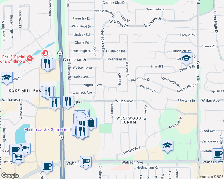 map of restaurants, bars, coffee shops, grocery stores, and more near 2313 Argonne Avenue in Springfield