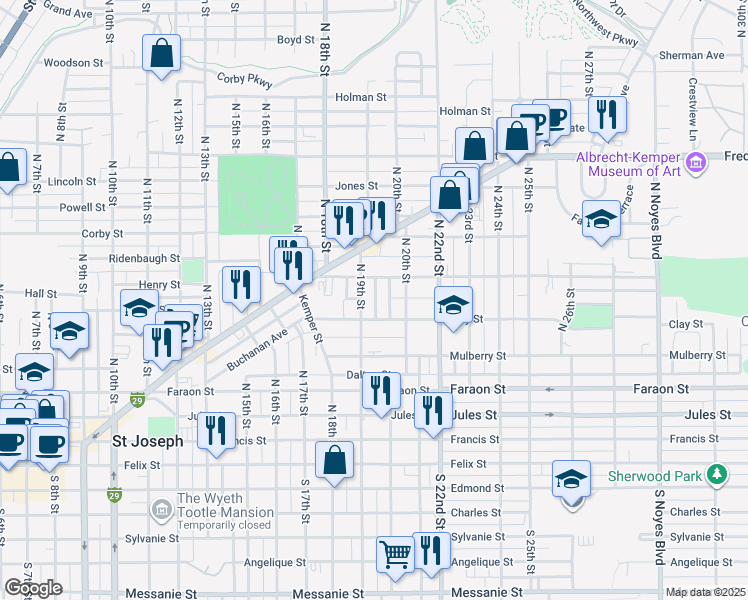 map of restaurants, bars, coffee shops, grocery stores, and more near 638 Bon Ton Street in Saint Joseph