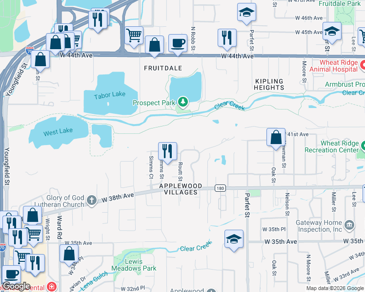 map of restaurants, bars, coffee shops, grocery stores, and more near 3992 Rolfe Court in Wheat Ridge
