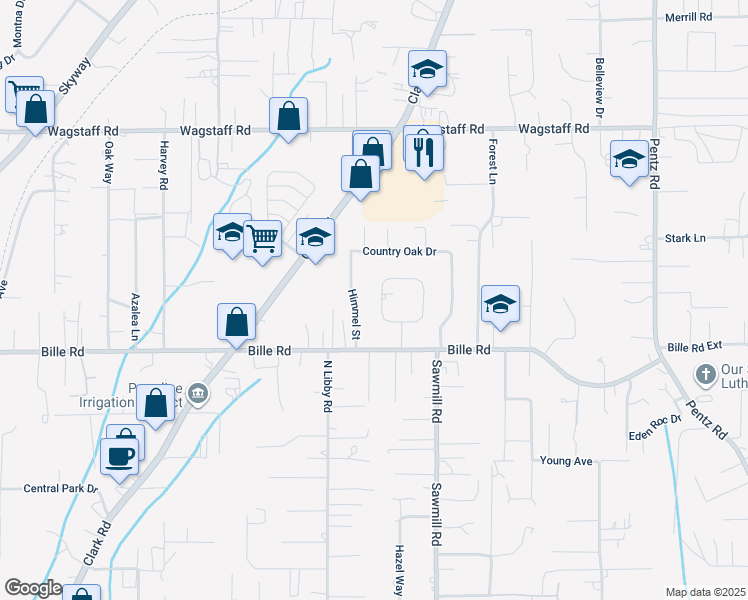 map of restaurants, bars, coffee shops, grocery stores, and more near 6352 Lancaster Drive in Paradise
