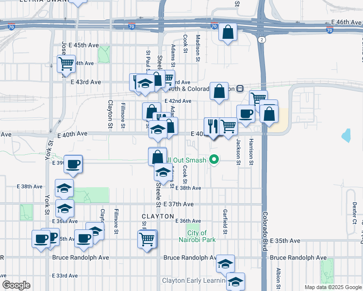 map of restaurants, bars, coffee shops, grocery stores, and more near 3965 Cook Street in Denver