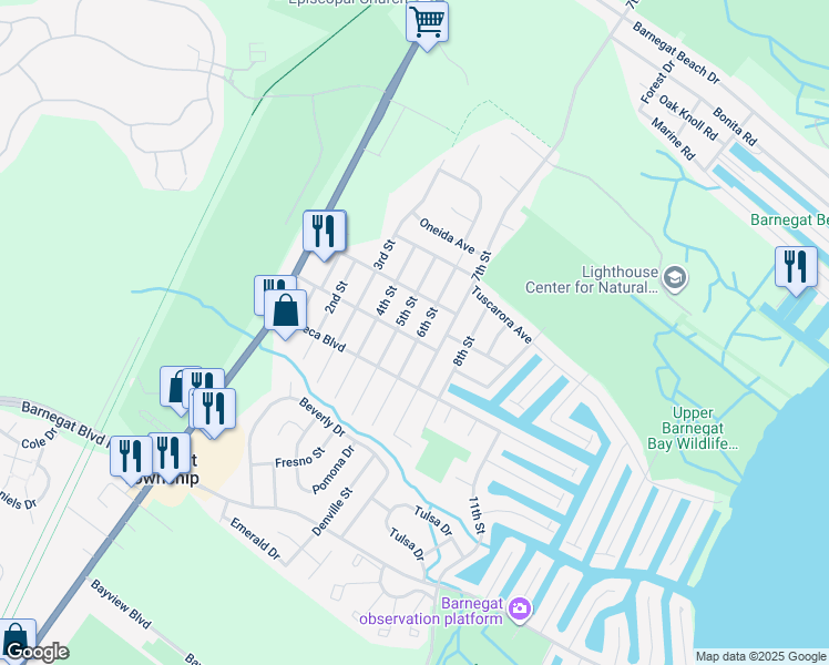 map of restaurants, bars, coffee shops, grocery stores, and more near 301 6th Street in Ocean Township