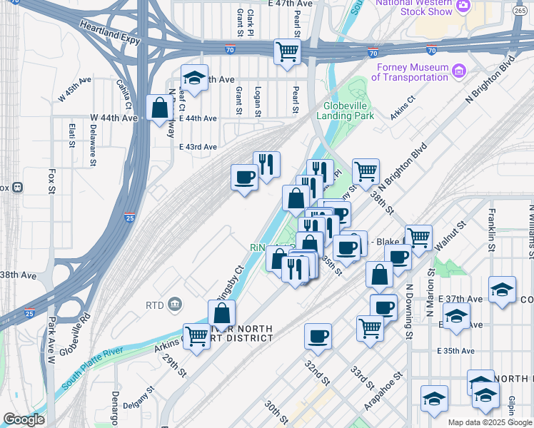 map of restaurants, bars, coffee shops, grocery stores, and more near 3457 Ringsby Court in Denver