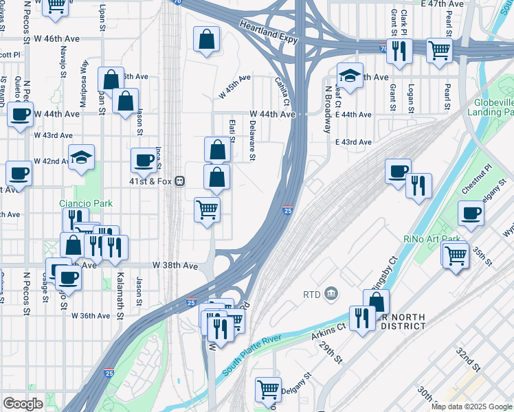 map of restaurants, bars, coffee shops, grocery stores, and more near 3910 Elati Street in Denver