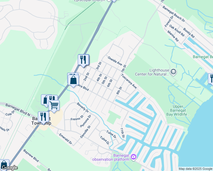 map of restaurants, bars, coffee shops, grocery stores, and more near 301 6th Street in Ocean Township