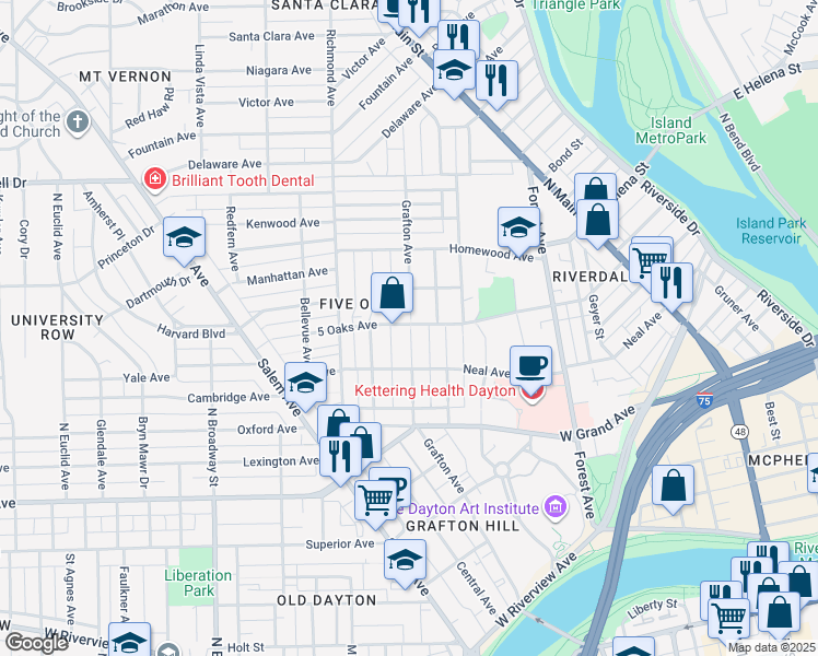 map of restaurants, bars, coffee shops, grocery stores, and more near 604 Grafton Avenue in Dayton