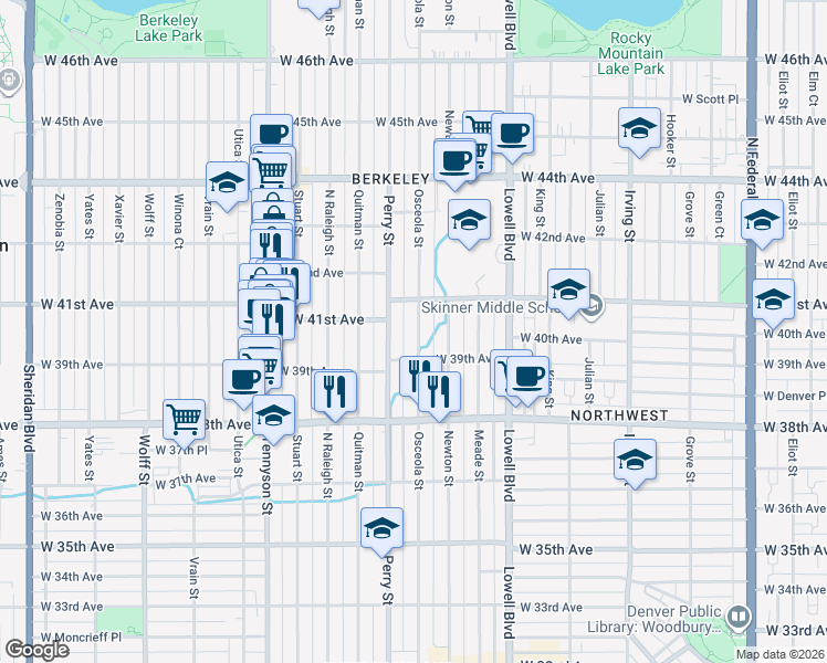 map of restaurants, bars, coffee shops, grocery stores, and more near 4016 Perry Street in Denver