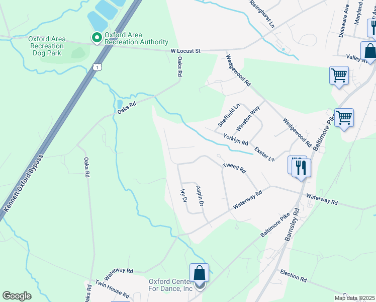 map of restaurants, bars, coffee shops, grocery stores, and more near 507 Colchester Drive in Oxford