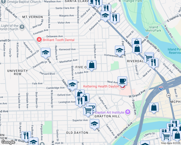 map of restaurants, bars, coffee shops, grocery stores, and more near 624 5 Oaks Avenue in Dayton