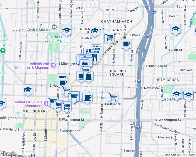 map of restaurants, bars, coffee shops, grocery stores, and more near 433 East Vermont Street in Indianapolis